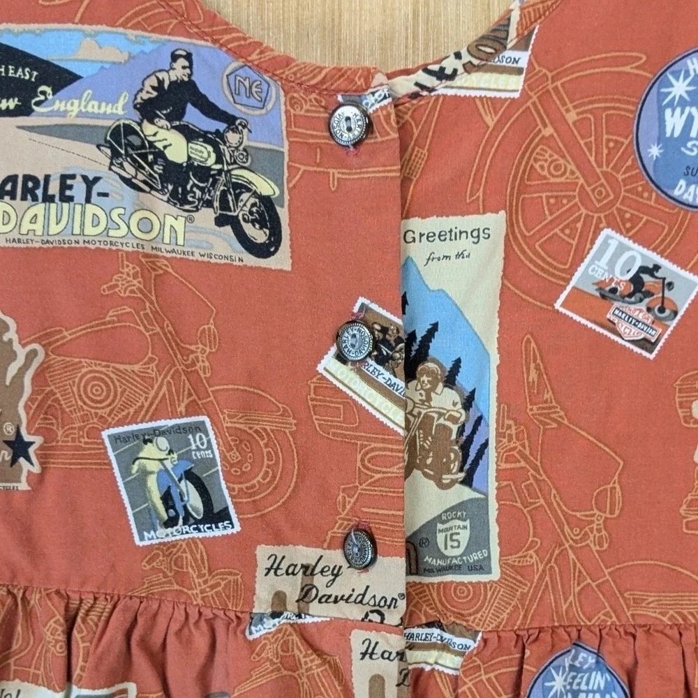 Harley-Davidson Girls Orange Scenic Postcard Print Biker Sleeveless Dress Size 7
